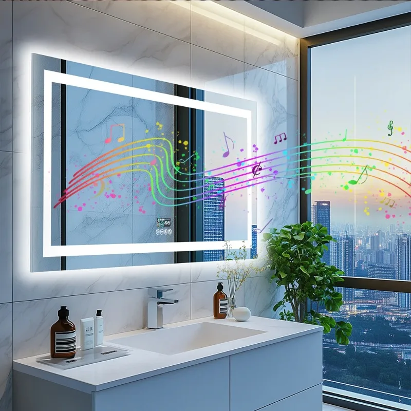 LED Bathroom Mirror with Lights Vanity Make Up Mirror Dimmable, Smart Bluetooth Digital Display 3 Colors Memory