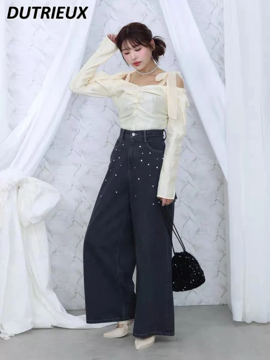 Primavera y otoño nuevo diseño fuera del hombro Top con cordones dulce linda blusa para niñas Color sólido manga larga Camisa corta versátil