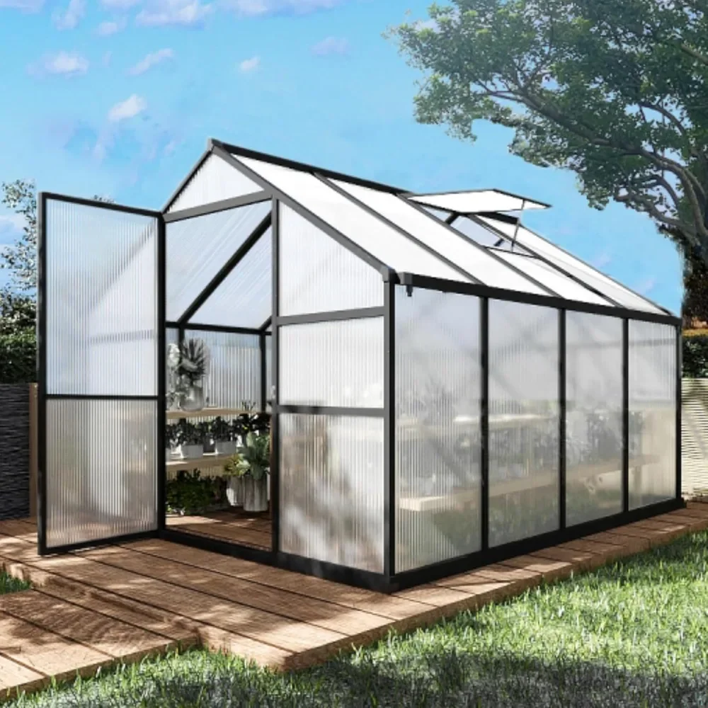 

8 X 8 FT Greenhouse with Adjustable Roof Vent, Polycarbonate Garden Backyard Greenhouses, Aluminum Large Walk-in Greenhouse