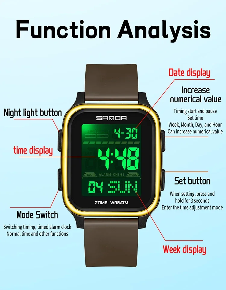 SANDA 2211 موضة ساعة إلكترونية للرجال متعددة الوظائف مربع الهاتفي التقويم الرياضة مضيئة مقاوم للماء الساعات الرقمية للرجل
