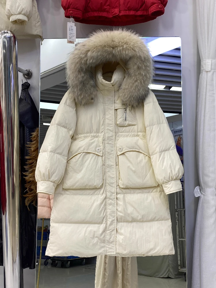 

2025 Down Big Natural Raccoon Fur Collar Parka Winter Pocket White Duck Downs Jacket Women Thick Puffer Coat Female Outerwear