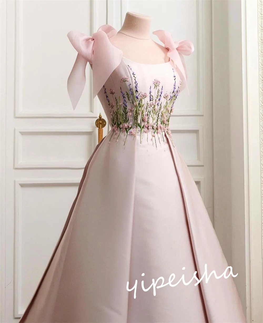 Jiayigong  Prom Satin Embroidery Bow   Gown Spaghetti Strap Bespoke Occasion  Long Dresses