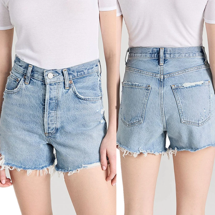 Dave&di Minimalist Women's Shorts Woman Clothes American High Waisted Light Blue Ripped Denim Shorts With Loose Edges For Women