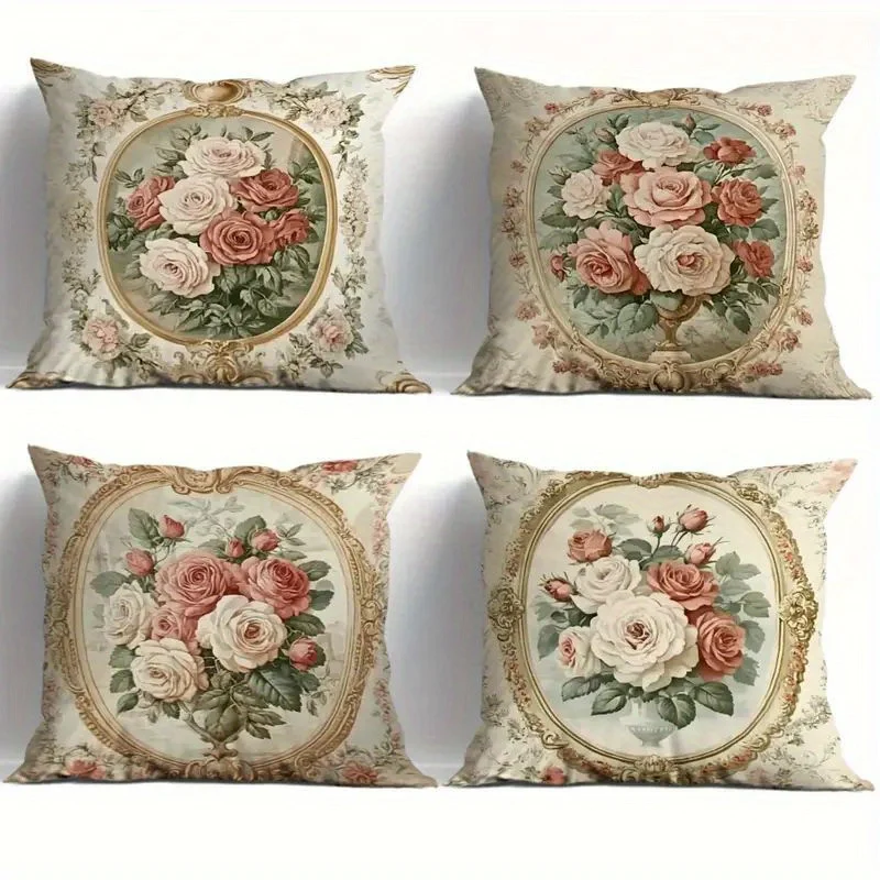 4 piezas, Impresión plana 2D, Funda  almohada con patrón floral retro europeo, Impresión a una cara, Material  poliéster, Mú