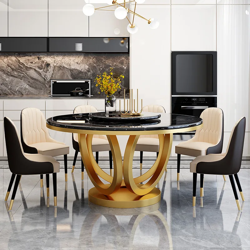 Leichter Luxus, Steinplatte, Esstisch, schlicht, modern, runder Tisch, Marmor, Edelstahlstuhl