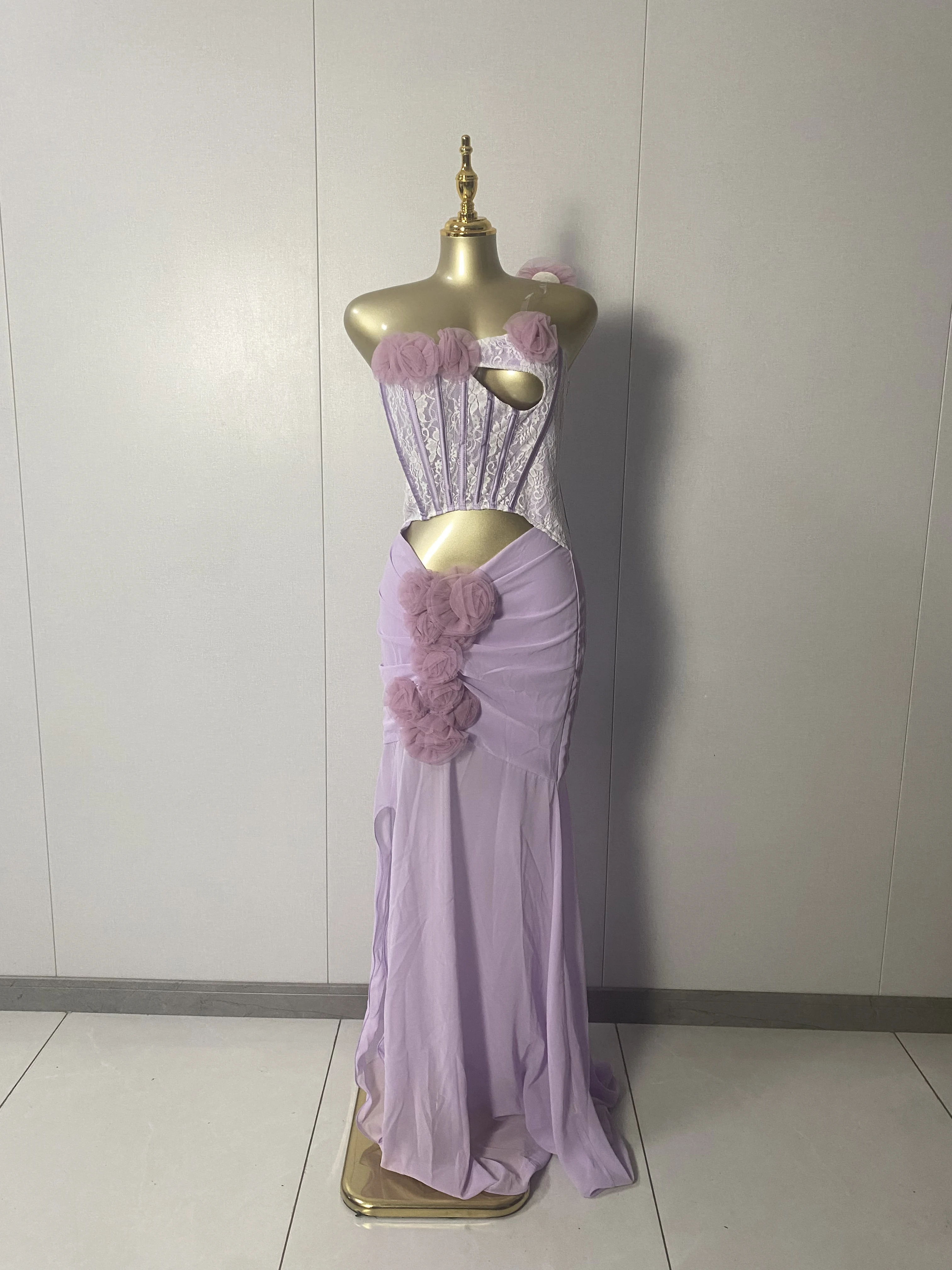 New Women Sexy Strapless Cut Out Flowers Mesh Purple Loose Dress 2026 Elegant Evening Club Luxury Birthday Party Dresses