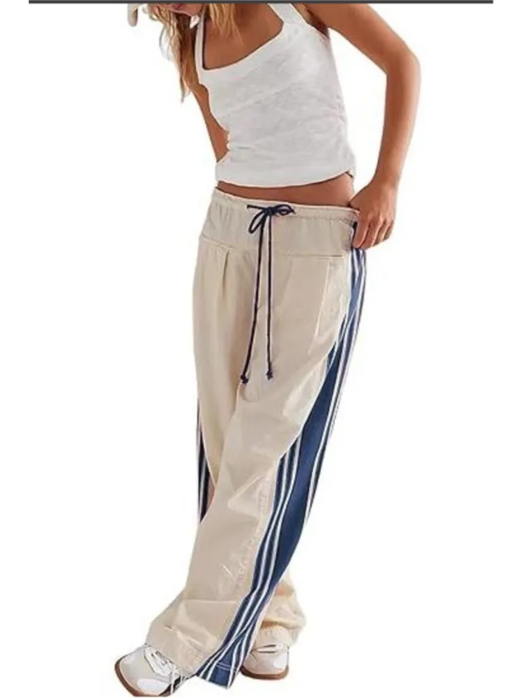 ربيع الخريف جديد الجانب مخطط مستقيم السراويل النسائية الرجعية الرياضة نمط الرباط فضفاض مريح عارضة السراويل تنوعا