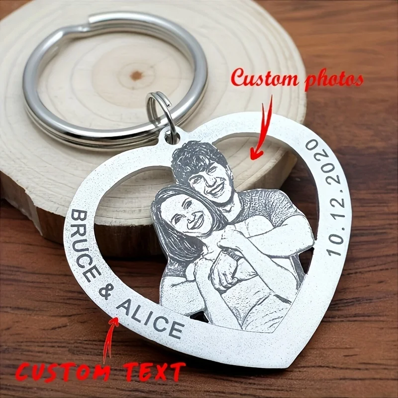 【Produto Personalizado】Chaveiro em Forma de Coração de Aço Inoxidável Personalizado - Fotos Personalizadas de Família e Casais com Texto e Data Personalizáveis - Presente de Dia dos Namorados/Natal - Presente Comemorativo para Família, Casais e Animais de