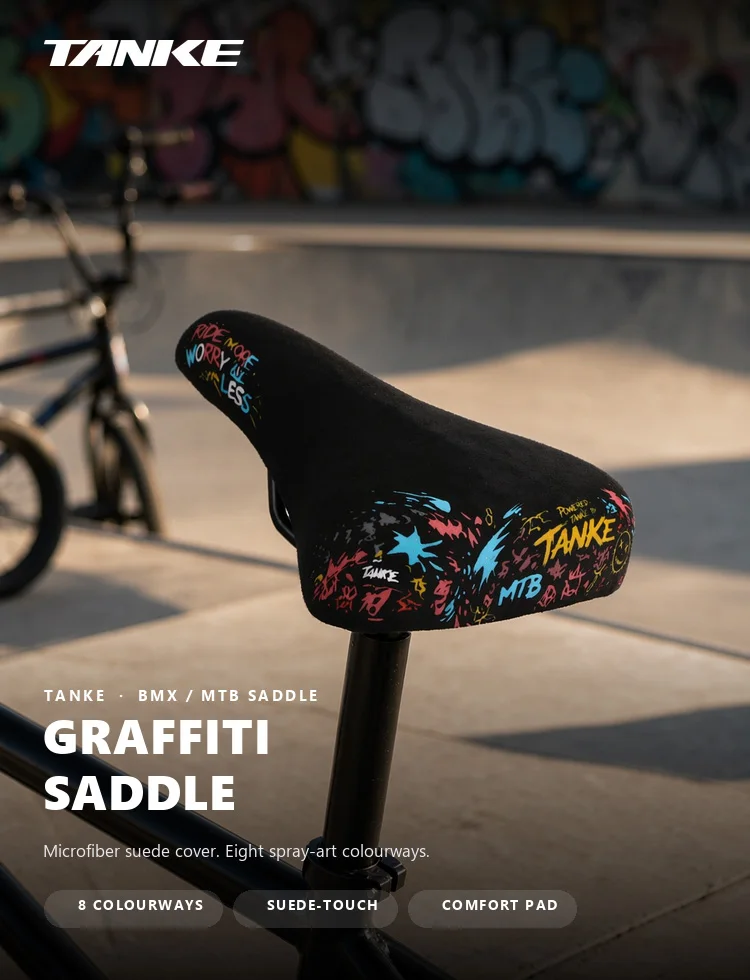 TANKE Graffiti BMX MTB Sattel Mikrofaser-Wildleder-Bezug Konturiert Rutschfest Spray-Art Fahrradsitz für Wheelie Stunts Großer Sattel für Fixed – Detail 1