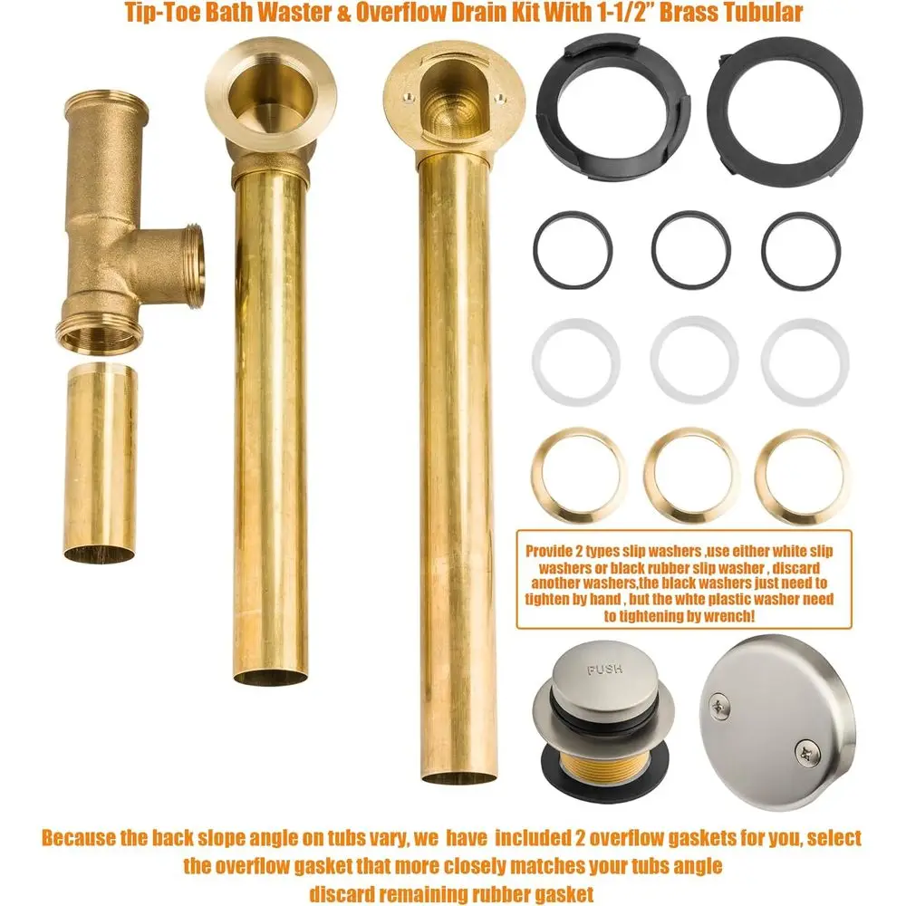 Kit Scarico Vasca Tubolare da 1.5 Pollici - Tappo a Pressione con Valvola di Troppo Pieno, Finitura Nichel Spazzolato