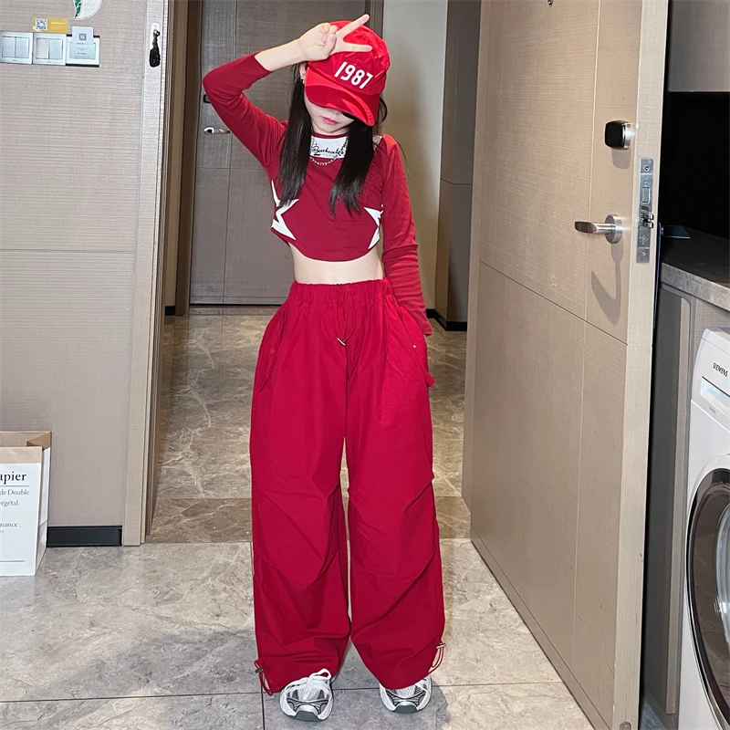 Teenage Girls Clothing Set Star T-Shirt Long Sleeve Tops +Cargo Pants Suit Hip Hop Kids Casual Pockets Joggers Child's Tracksuit