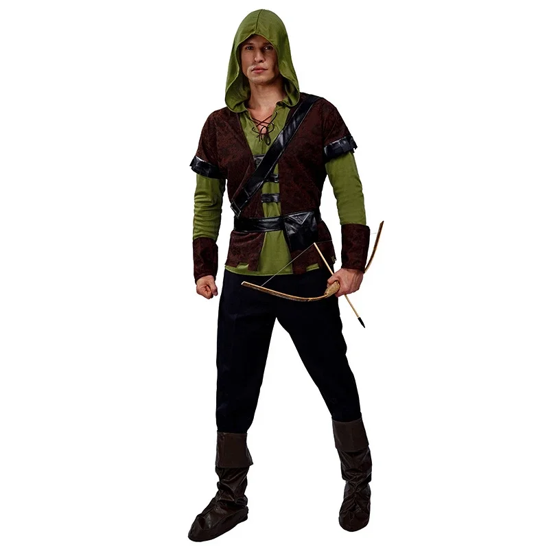 Disfraz de Robin Hood para hombre, disfraces de capucha de cazador, traje elegante de Cosplay de lujo verde para disfraces de fiesta para hombres y niños