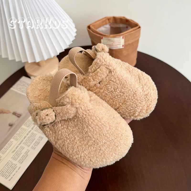 Warm Shearling Birken Clog Sandals Baby Girl Brand Design Lambswool Mules Toddler Kid Soft Cork Sole Elasic Band Fur Slide Shoes