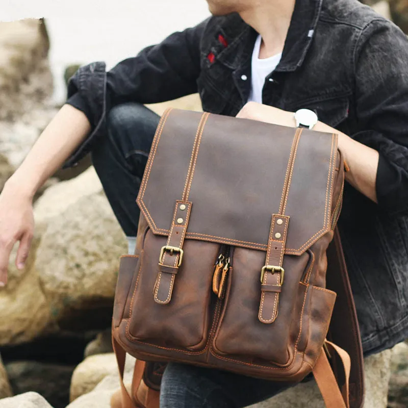 

2022 Men's Large Backpack Genuine Leather Handmade Designer Laptop Pc Bag Crazy Horse Leather Vintage Classic Business Backpack