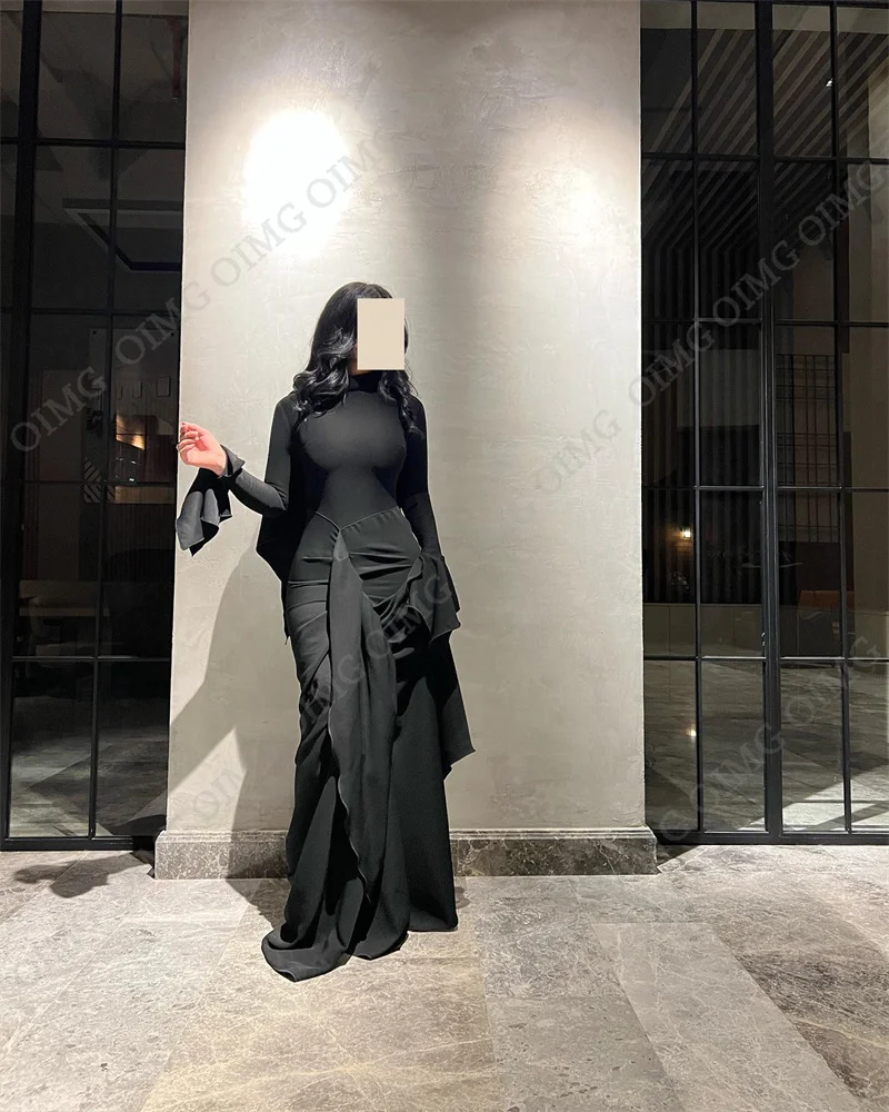 OIMG Black Sheath Saudi Arabia Women Prom Dresses Long Sleeves Formal Prom Gowns Ruched Pleats Evening Dress Club Outfit