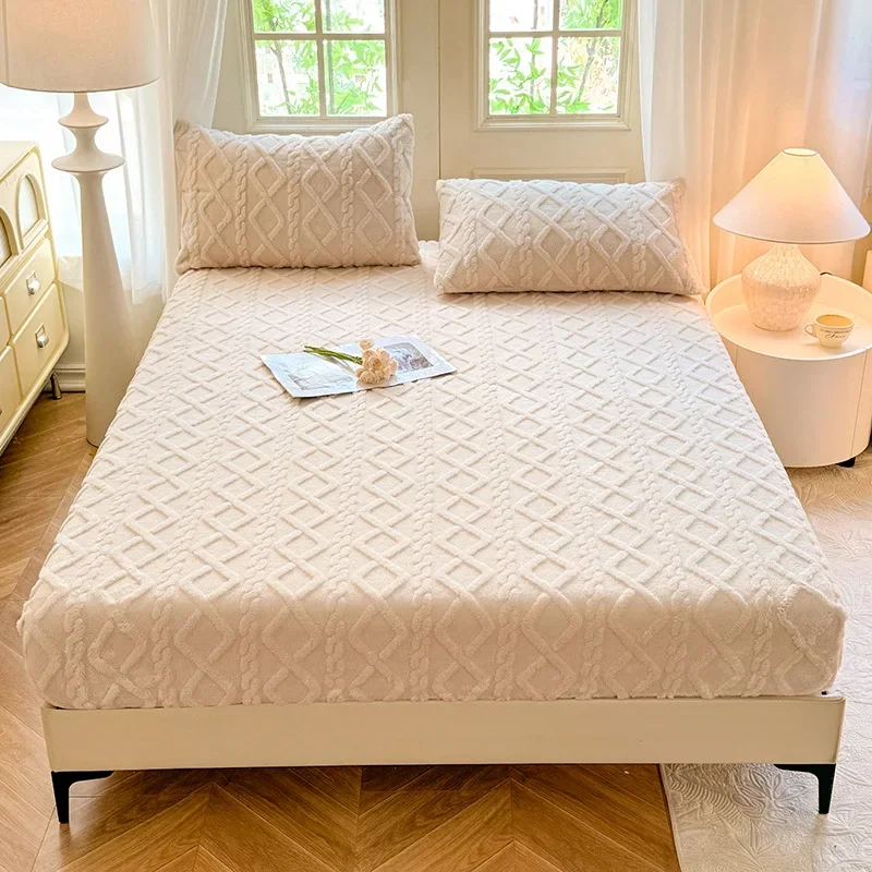 Solid Winter Taffeta Velvet Fitted Sheet Set Thick Warm Bedspread Pillowcase for Bedroom Soft Bed Decoration for Single Double