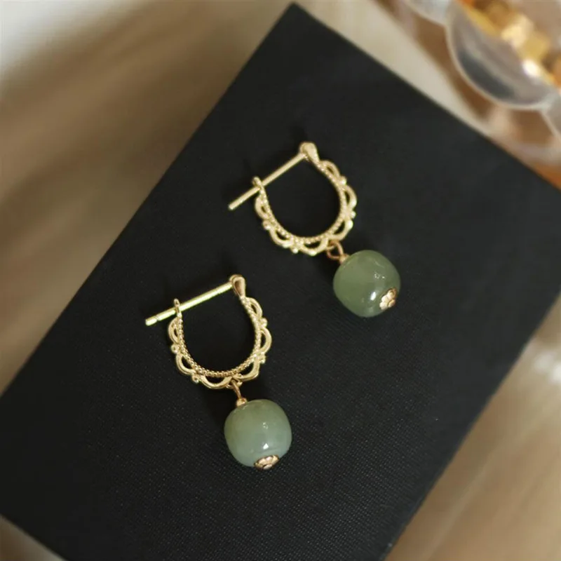 925 Plated Stamp Gold Color Hotan Jade Earrings for Women Girl Lace Fairy Gentle Palace Style Jewelry