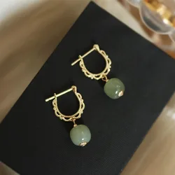 925 Plated Stamp Gold Color Hotan Jade Earrings for Women Girl Lace Fairy Gentle Palace Style Jewelry