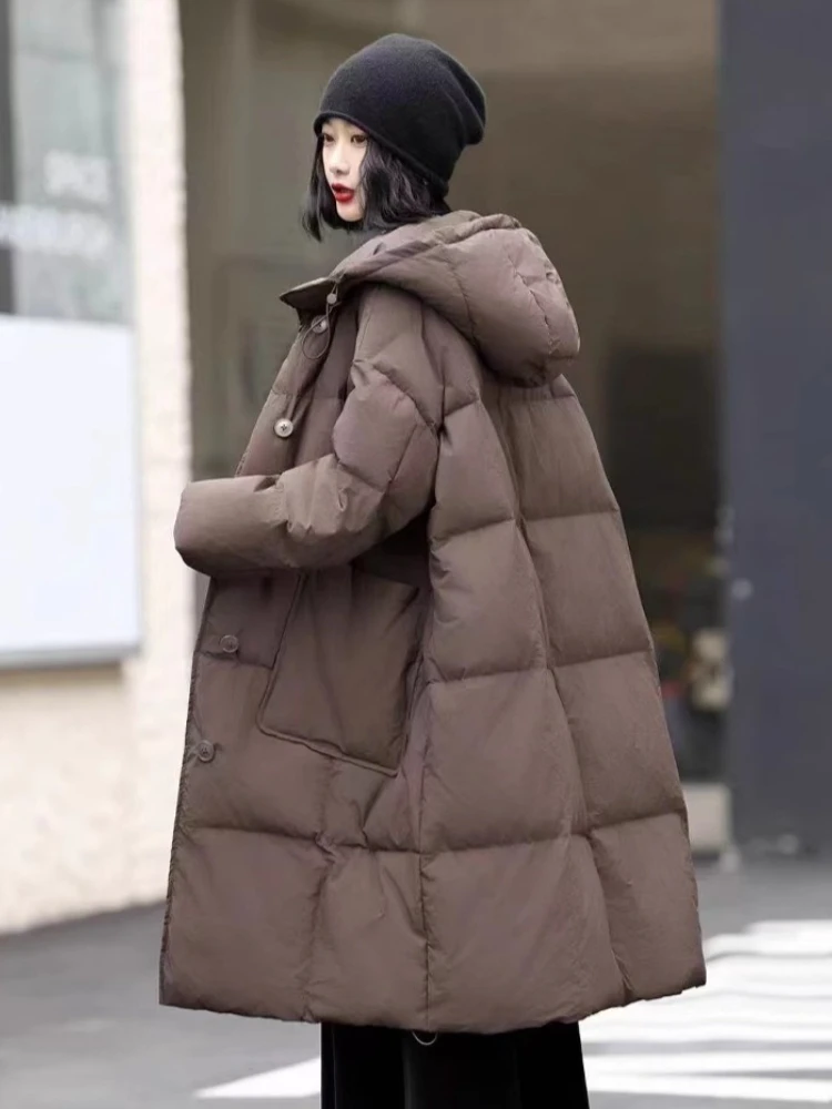 2025 nueva chaqueta de talla grande Parkas largas de moda para mujer invierno suelto grueso cálido 90% plumón de pato blanco prendas de vestir exteriores