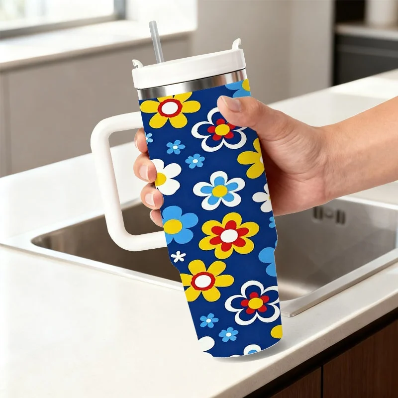 40 Oz Stainless Steel Double Wall Insulated Tumbler with Straw, Retro Vibrant Floral Sublimation Print on Deep Blue Background, Travel Mug That Keeps Drinks Hot for 18H And Cold for 36H, Perfect Birthday And Holiday Gift for Family And Friends
