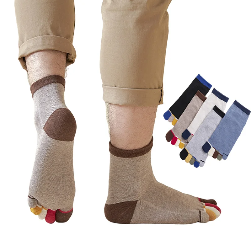 Calcetines de tubo de algodón de 5 dedos a la moda para hombre, calcetines coloridos transpirables para los dedos del pie, calcetines de alta