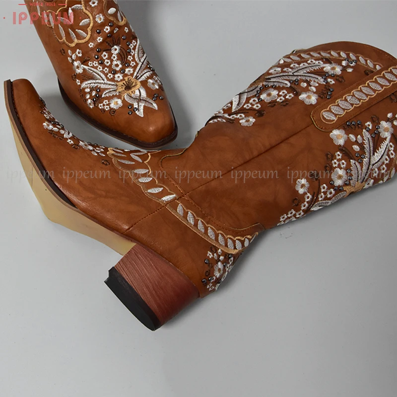 IPPEUM Bota Texana Country Feminina Embroidered Mid Calf Cowgirl Western Shoes Brown Cowboy Boots Womens