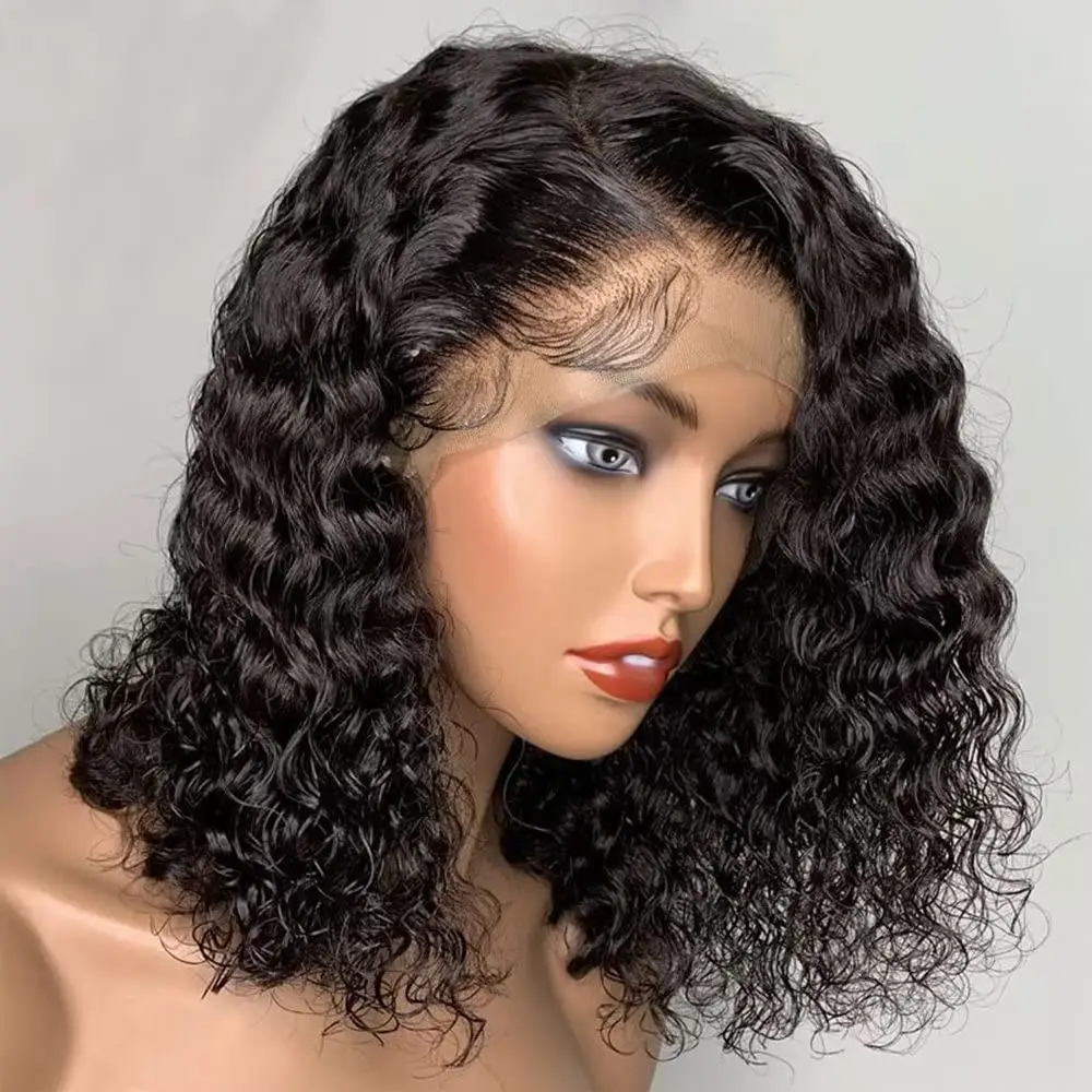 Pelucas de cabello humano virgen brasileño para mujer negra, pelo corto prearrancado con encaje Frontal 13x4, 200% de densidad, onda profunda