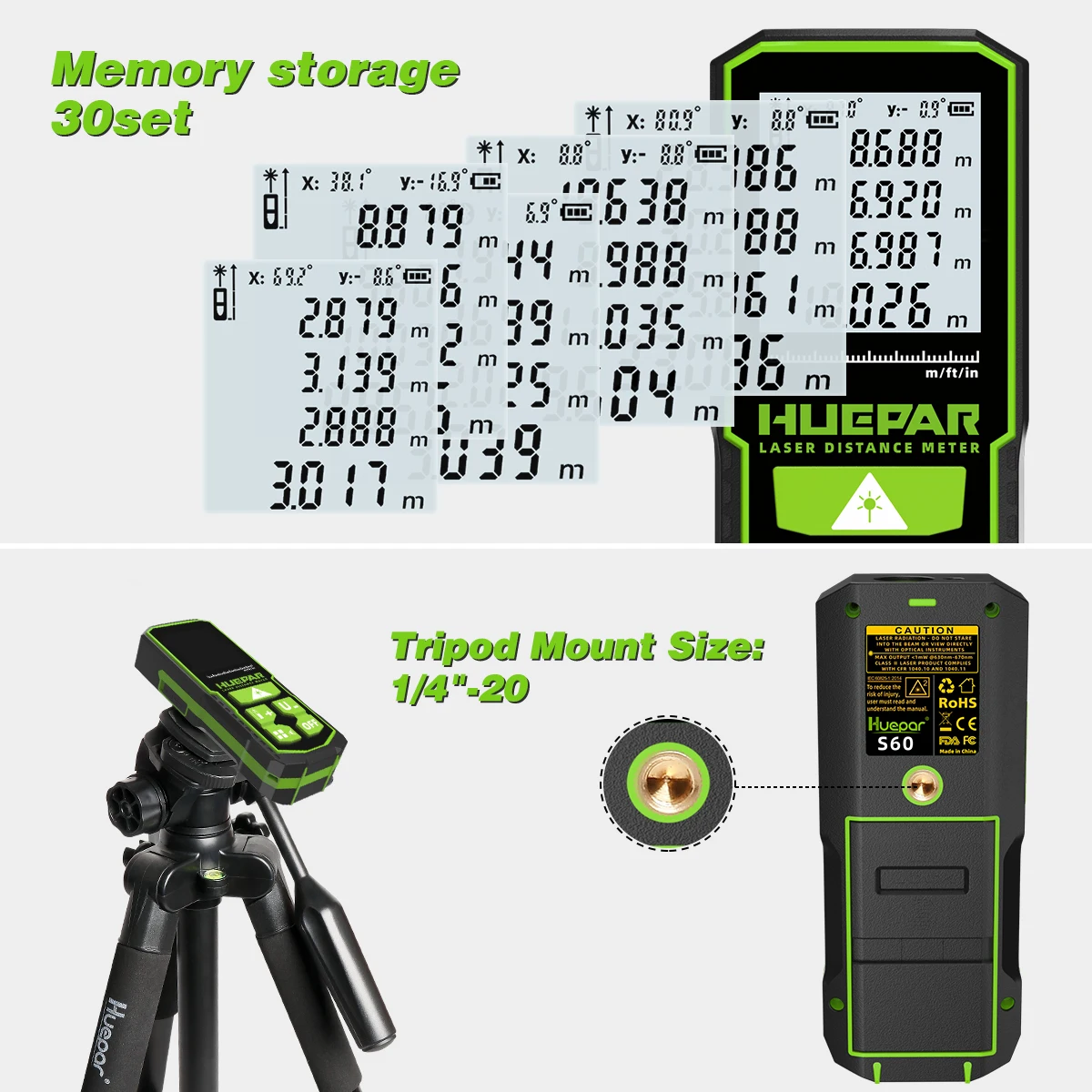 Huepar 60 متر/100 متر/120 متر ليزر Rangefinder الرقمية الأحمر ليزر مقياس مسافات مع شاشة LCD ، وظيفة قياس المنطقة والحجم S60