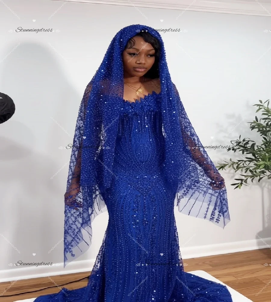 

Crystal Mermaid Blue Prom Dresses 2026 Sweetheart African Black Women Beaded Evening Dress Curvy Luxury Formal Occasion Ceremony