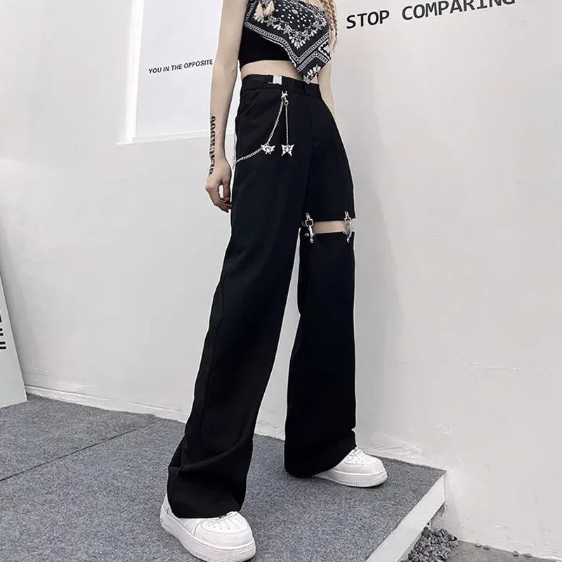 Vintage Harajuku Hollow Out Wide Leg Pants Women High Waist Casual Korean Streetwear Cargo Pants Summer Hip Hop Gothic Pants New
