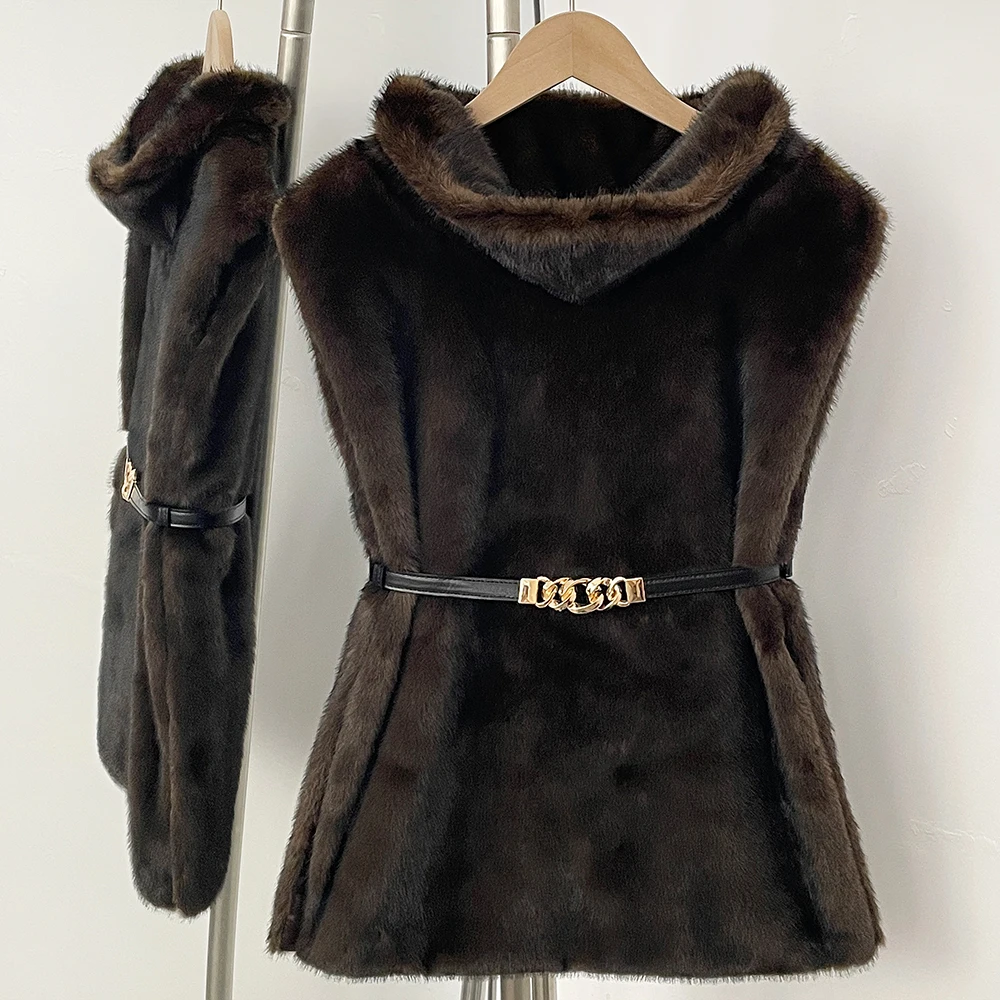 

Fake Fur Coat Eco-friendly Women Autumn Faux Fur Jacket Sleeveless Winter Clothes Female Warm Thick Belt Artificial Fur Coat