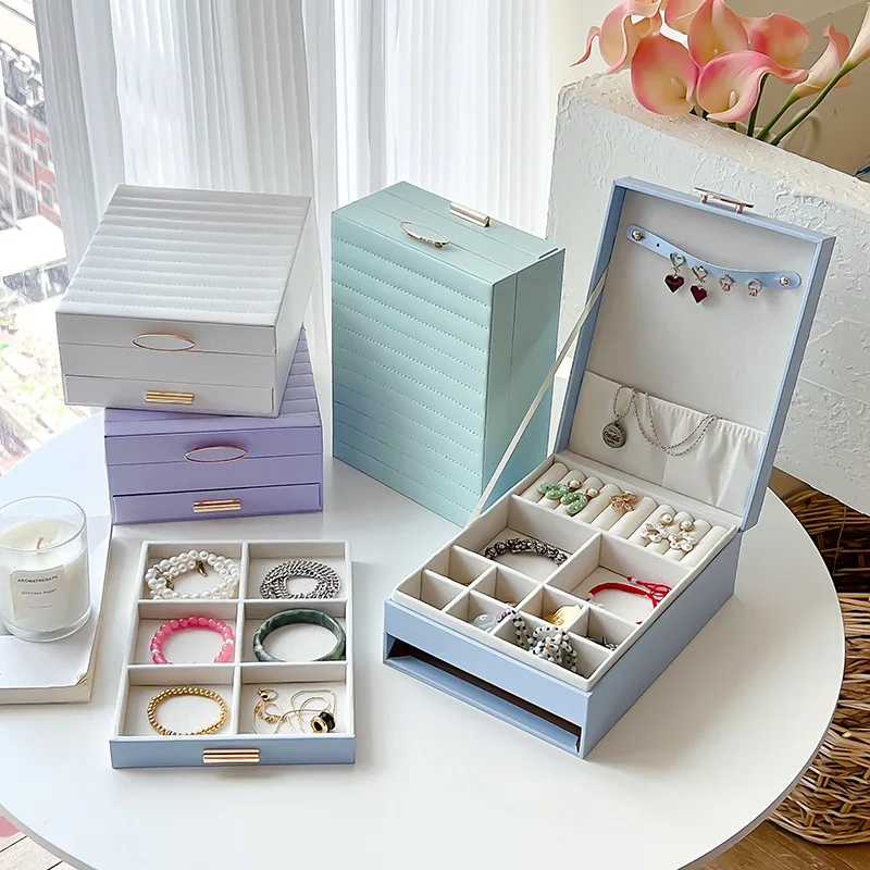 2 Layer Jewelry Box Large Capacity Earring Ring Necklace Organizer Drawer Style Portable Travel Storage Case