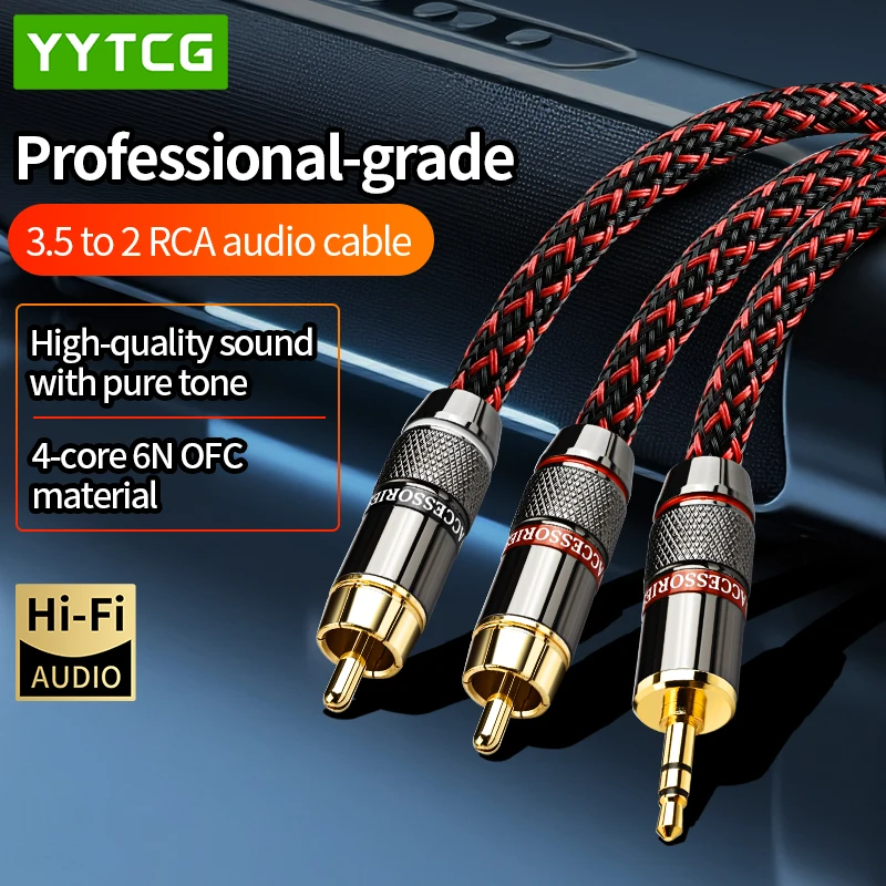 YYTCG High-End 3.5mm Dual-Channel to 1/2 RCA Dual Lotus Head Audio Cable for Computer Connection to Audio Equipment