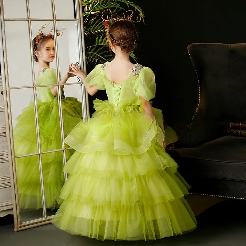 Green Children's Princess Dress High-end Mori Girls Piano Performance Clothes Foreign Style Model Catwalk Art Robe Enfant Noel