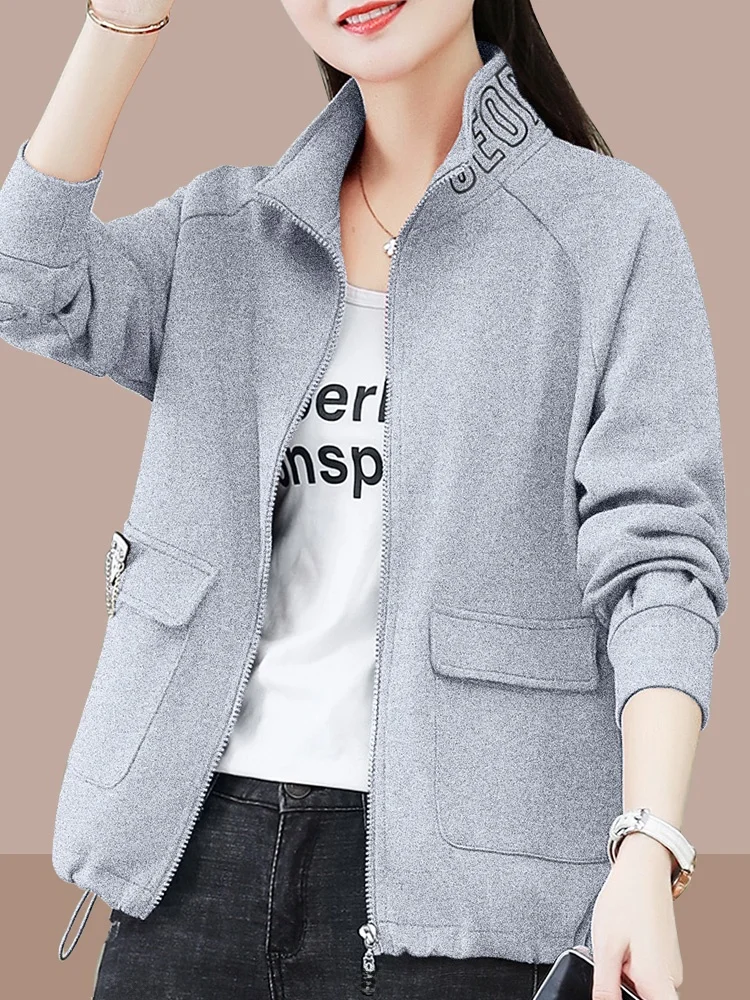 

Short Zipper Ladies Open Cardigan Jacket Loose Fit Stand Collar Sweatshirt Style Spring Autumn Top for Younger Looking