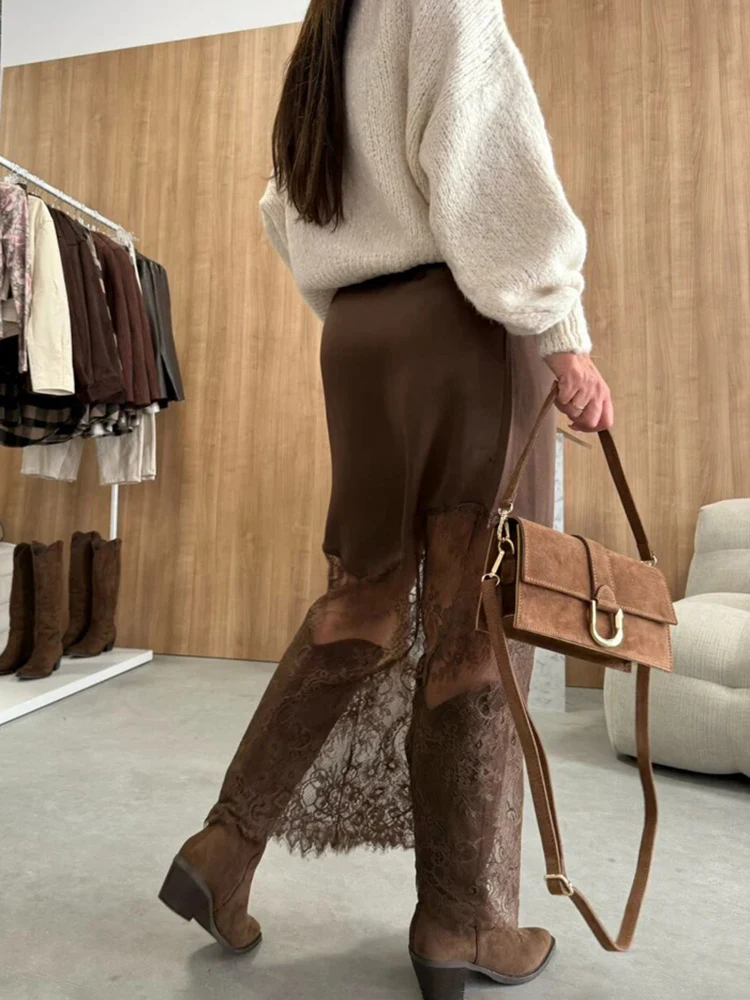 Talenza خمر الدانتيل التنانير النساء البني الدانتيل المرقعة انظر من خلال تنانير طويلة مثير عالية الخصر المجهزة مظهر الحفلات تنورة الإناث #5