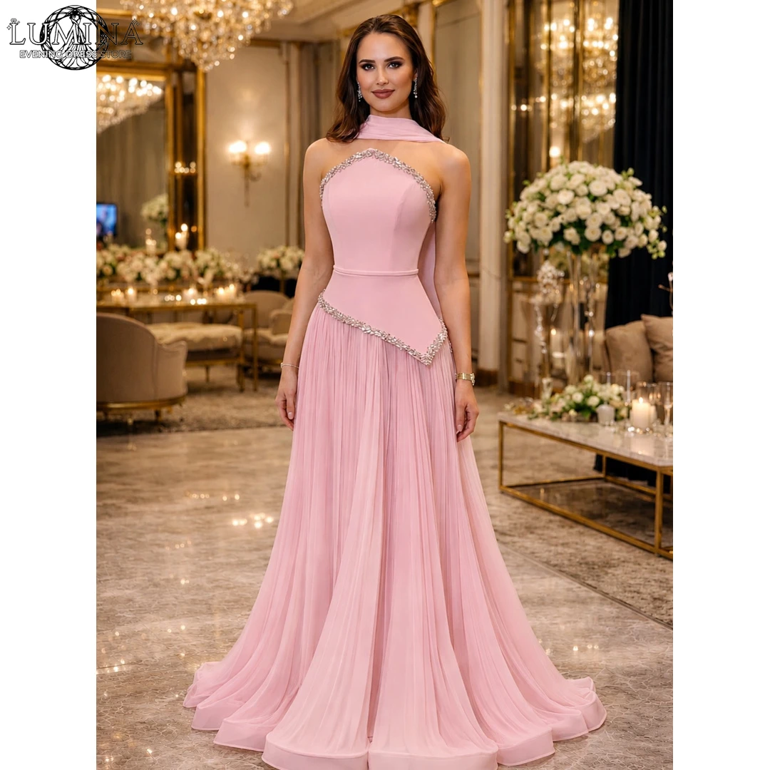 Lumina Schal-Abendkleider 2026 Luxuriöses Maßgeschneidertes Elegantes Damen-Partykleid Rosa Trägerloses Ballkleid A-Linie mit Perlenstickerei
