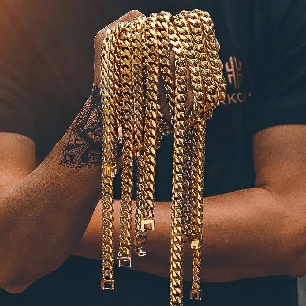 Thick Cuban Chain Necklace Iced Out 12mm 18k Gold Plated Stainless Steel Icy CZ Miami Curb Chain