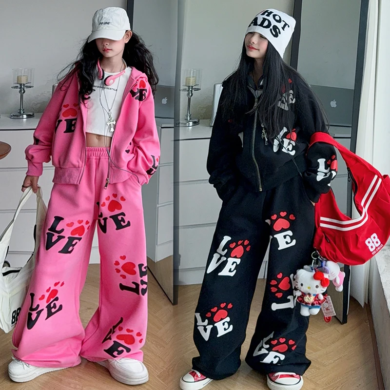 

junior kids sport set print love Hooded sweatshirt jacket+wide-leg pants 2pcs teen girls sportswear clothes suit child outfits