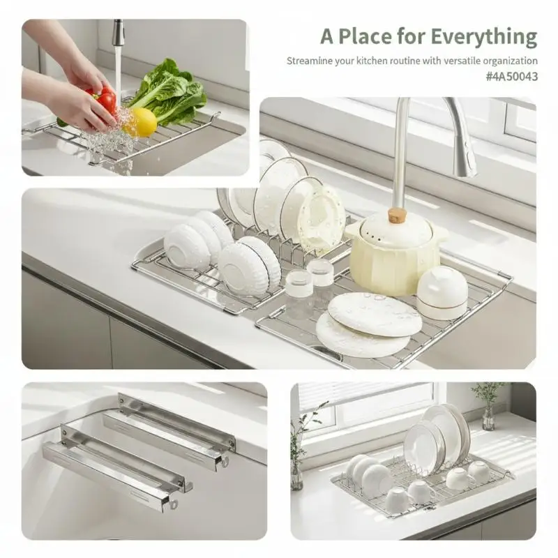 Rustproof Expandable Over Sink Dish Drying Rack Stainless Steel Non-Slip Kitchen Dish Storage Organizer