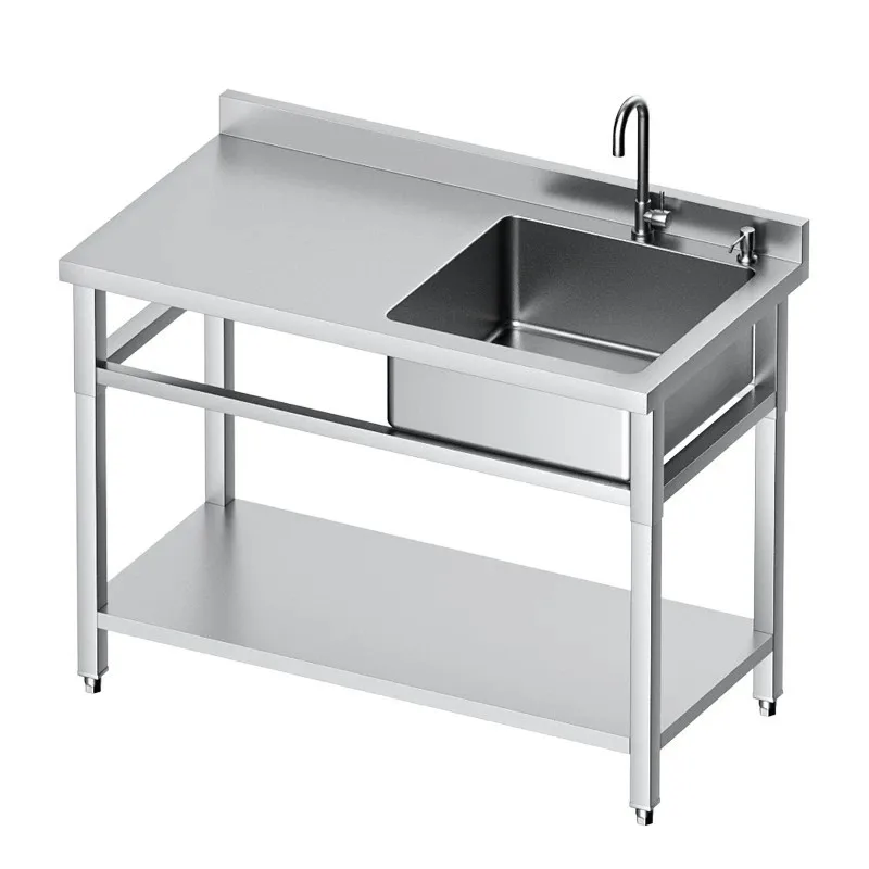 Stainless steel sink with lower shelves, kitchen with platform, sink, sink for washing dishes, vegetables, and washbasin
