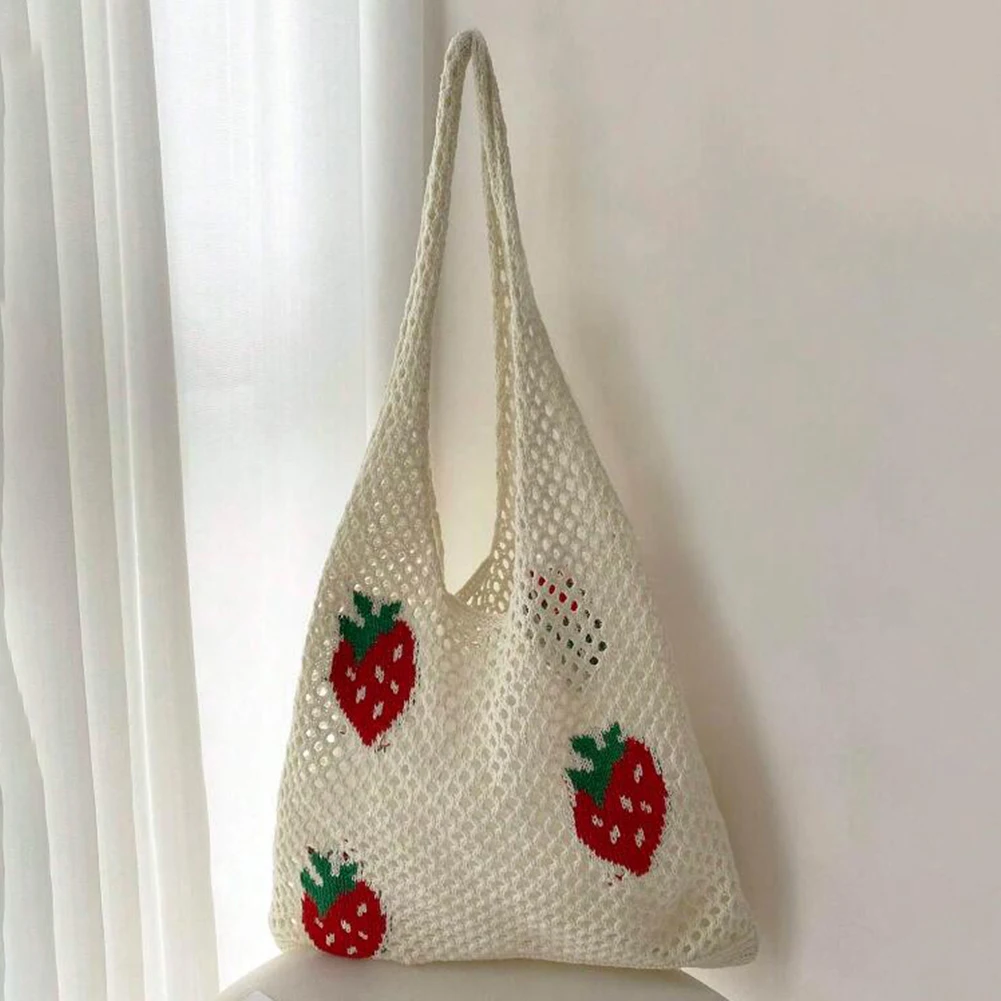 Women Large Capacity Shoulder Bag Cute Strawberry Cherry Pattern Crochet Tote Bag Casual Handbag Fanny Pack for Daily Office Use