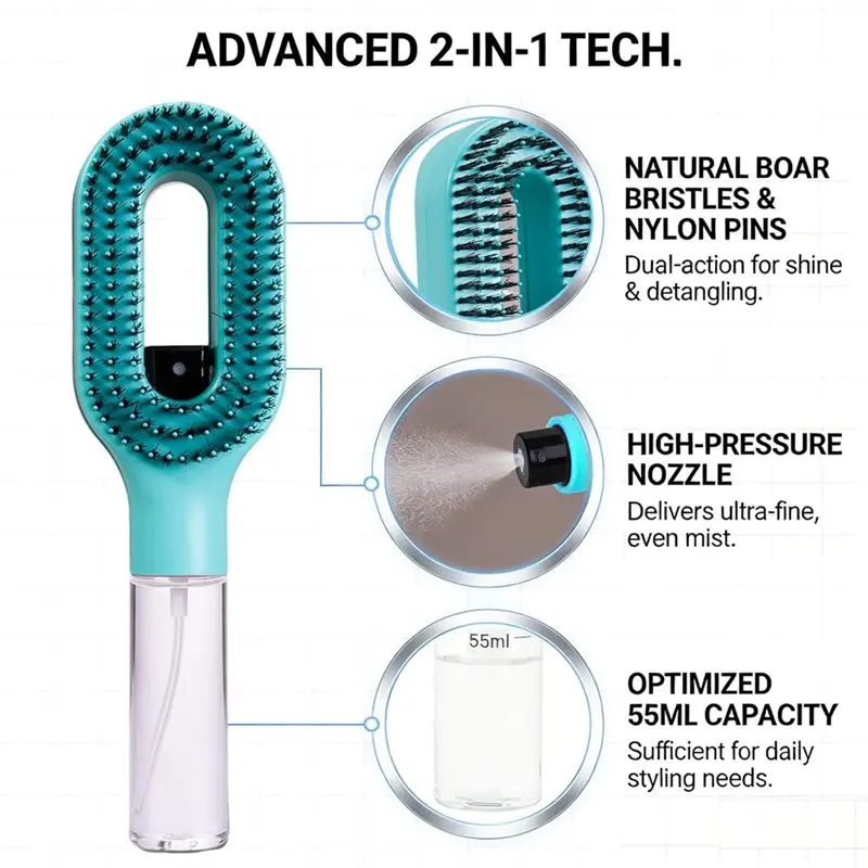 CKFAM-Portable Wet& Dry Styling Tool-Hair Brush With Water Spray Mister Function, 2-In-1 Detangling Brush Featuring Fine Mist No