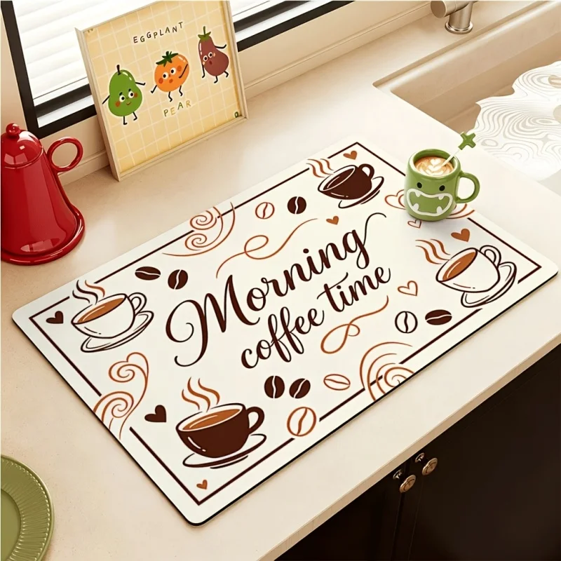 Drying Mat Morning Coffee Time Letter Cup Print Tableware Drain Pad for Coffee Station Countertop