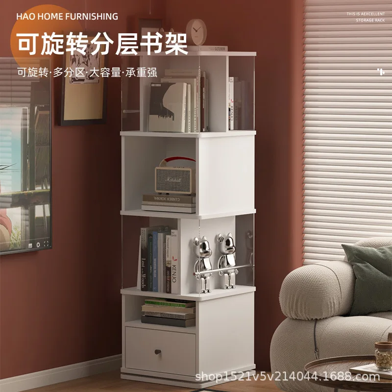Rotary bookshelf Living room Magazine Book rack Student study Bedroom storage rack with drawers Rotary bookcase