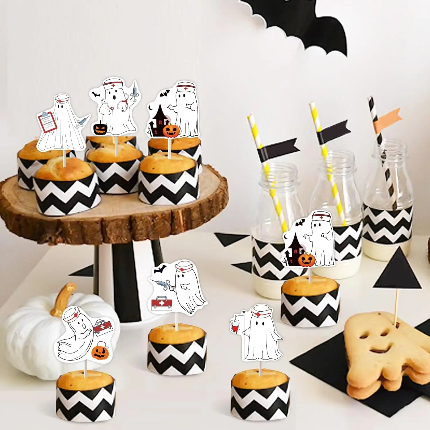 Kreat4joy Nurse Halloween Decoration Cupcake Topper, 24pcs Happy Nurse Appreciation Week Ghost Birthday Party Decor Supplies