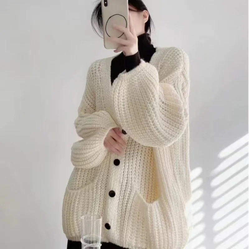 

Loose Oversized Lazy Style Thick Knit Sweater Coat Women, Mid-Length Autumn Winter Soft Knitted Cardigan Outerwea