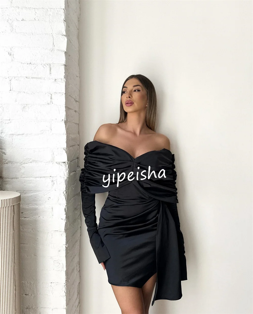 Customized Pastrol Draped Pleat Ruched Sheath Off-the-shoulder Short Dresses Cocktail Dresses Simple Retro Elegant Exquisite Hig