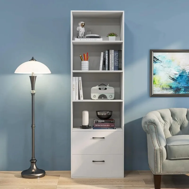4 Shelf Bookcase with 2 Drawers, 74 Inch 4 Tiers Tall Open Bookshelf with 2 Slide-Out Drawers, Anti-toppling Device