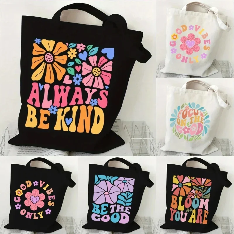 

Boho Style Canvas Tote Bags Lightweight Shoulder Bags with Wildflower Print Shopping Bags for Women and Teens Eco Friendly